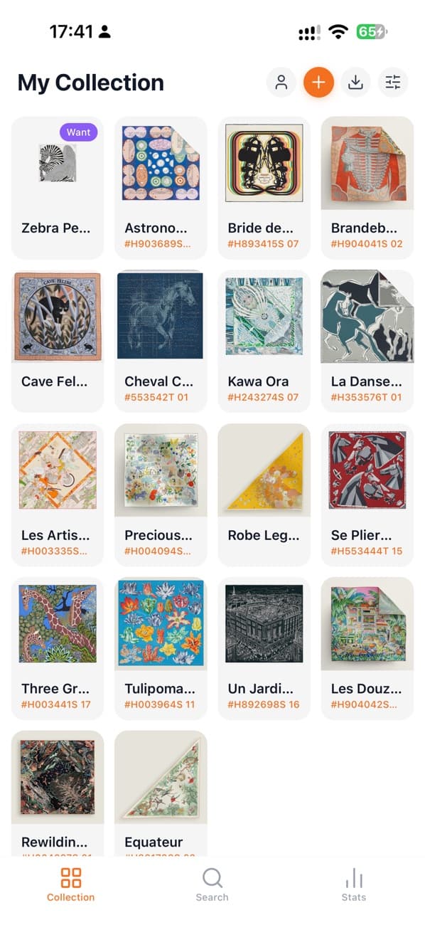 The collection screen in the Carre Compendium app, showing a grid of catalogued scarves