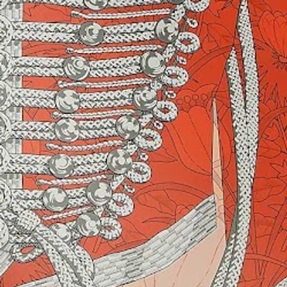 Detail of a silk scarf: braided cord on coral red