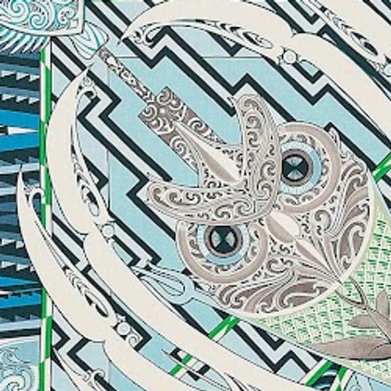 Detail of a silk scarf: aqua and white curling forms
