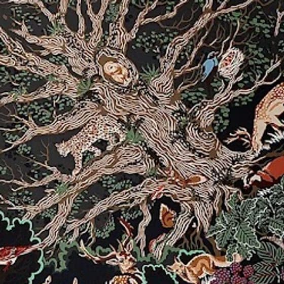 Detail of a silk scarf: tangled roots in dark tones