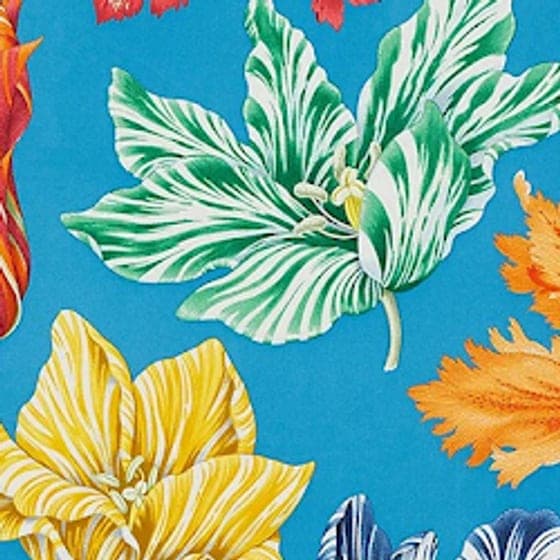 Detail of a silk scarf: tulips and leaves on cyan
